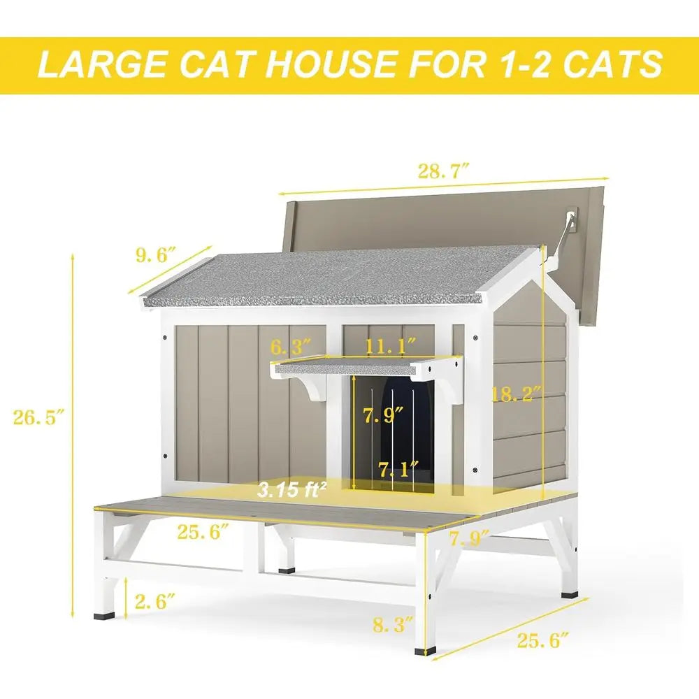 Outdoor Cat Shelter with Balcony, Weatherproof House for 1-3 Cats, Grey Wooden Enclosure with Elevated Base