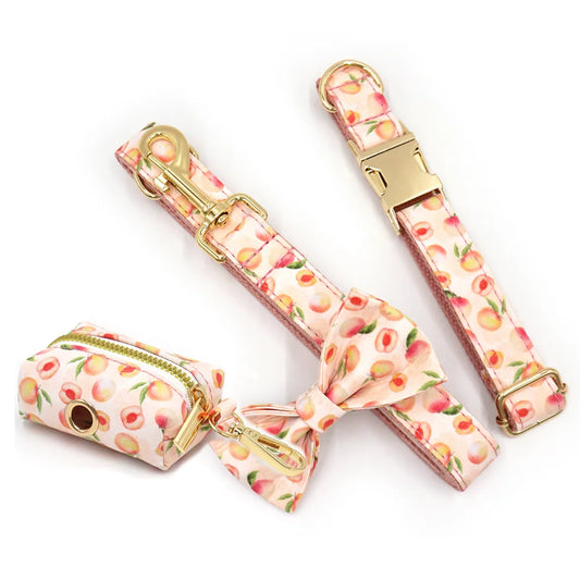 Honey Peach Pattern Dog Collar Personalized Fruit Collection Luxury Bowtie Dog Collar and Leash Set with Poop Bag Pet Cat Collar