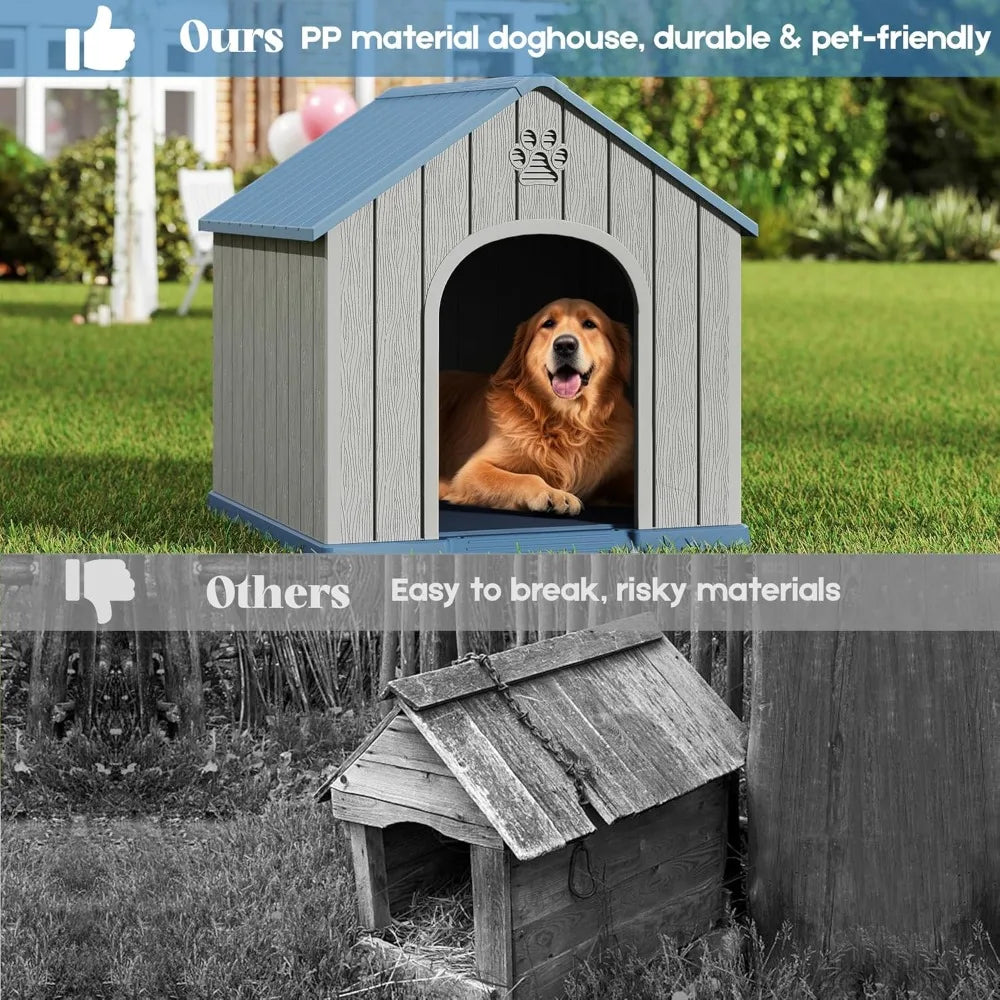 Dog House Outdoor Indoor for Medium Large Dogs, Durable Plastic Waterproof Doghouse with Air Vents and Elevated Floor