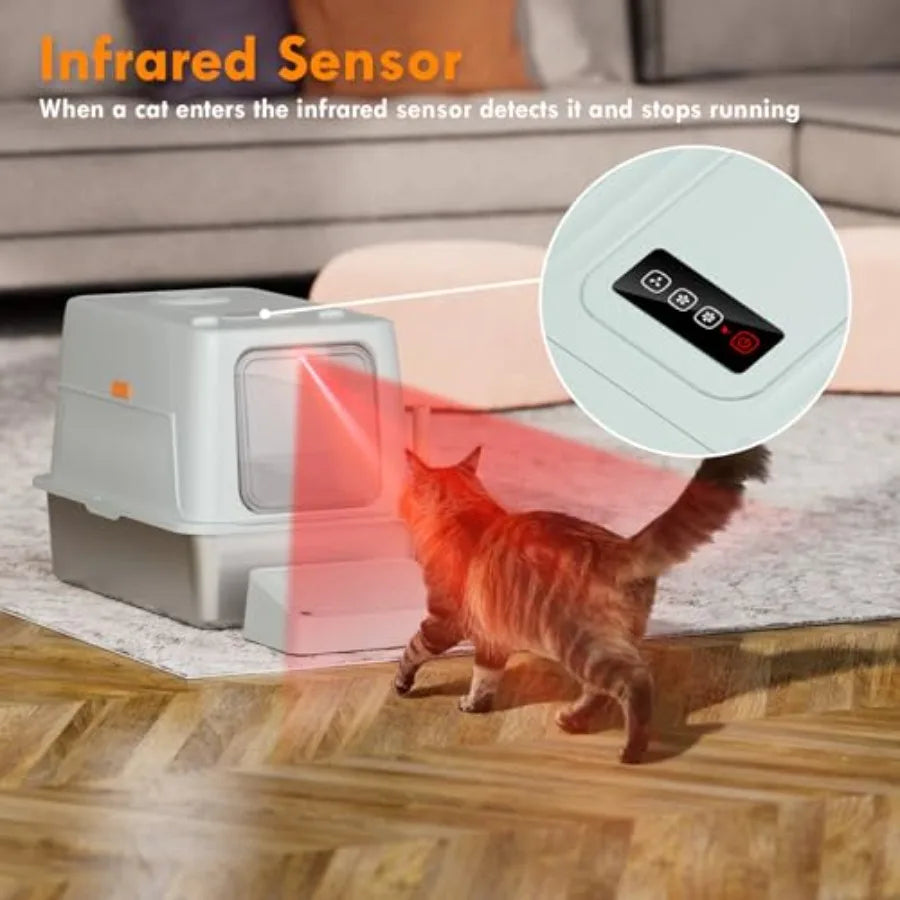 XXL Stainless Steel Cat Litter Box with Infrared Sensor for Multiple Cats Grey Large Ccity Auto-Detection Auto-Stop Safety Non-