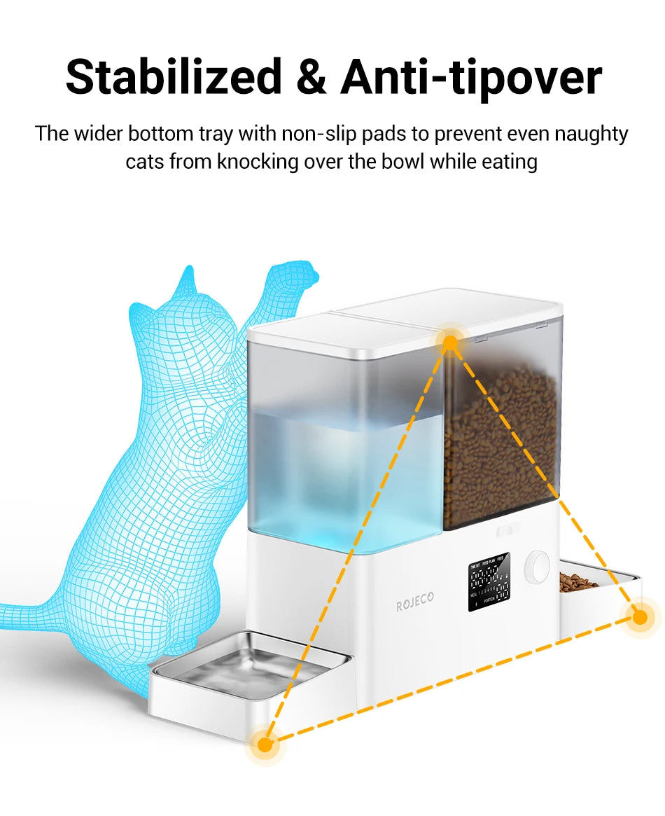 ROJECO 2In1 Automatic Pet Feeder Gravity Water Fountain 8.5L Button Version Auto Cat Kibble Dispenser with Water Refill Drinker
