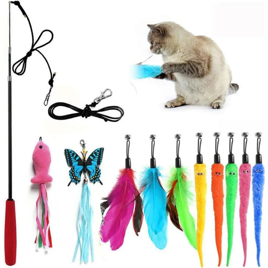 Retractable Cat Toy Wand 12 Packs Interactive Cat Feather Toys 9 Assorted Teaser Refills with Bell for Kitten Pink