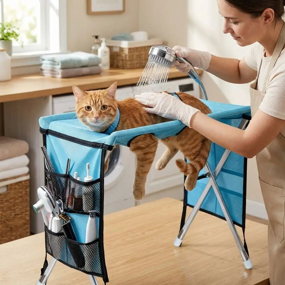 Folding Pet Grooming Hammock Anti-Scratch with Support Frame Pet Washing Station Sturdy Detachable Dog Grooming Table