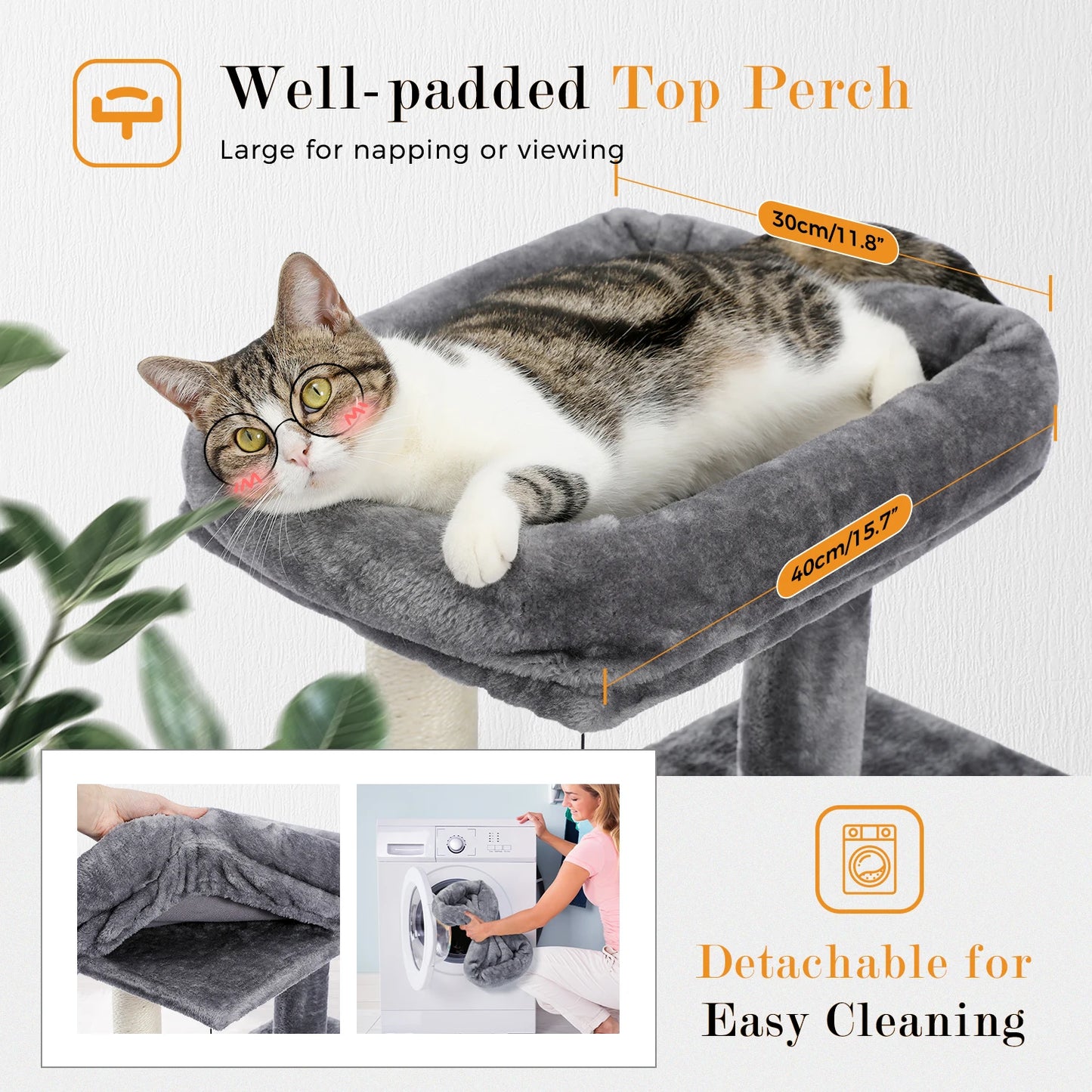 Wooden Cat Tower with Double Condos Spacious Perch Fully Wrapped Scratching Sisal Posts and Replaceable Dangling Balls