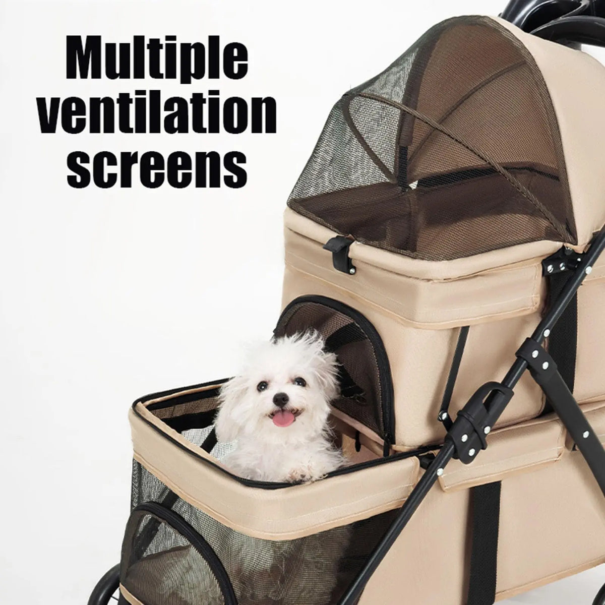 Foldable Double Decker Pet Stroller 4 Wheels Breathable Mesh Puppy Cat Travel Stroller for Multi-Pet Families Outdoor Walking
