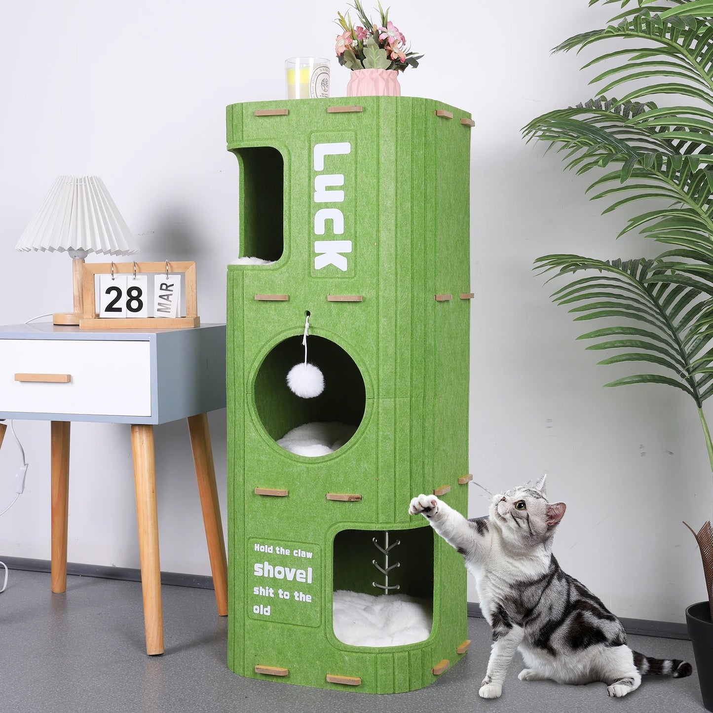3-Tier Green Felt Cat Bed Multifunction Integrated Felt Cat Cave Creative Cat Bucket for Multi-Cat Family Pet Entertain Nest