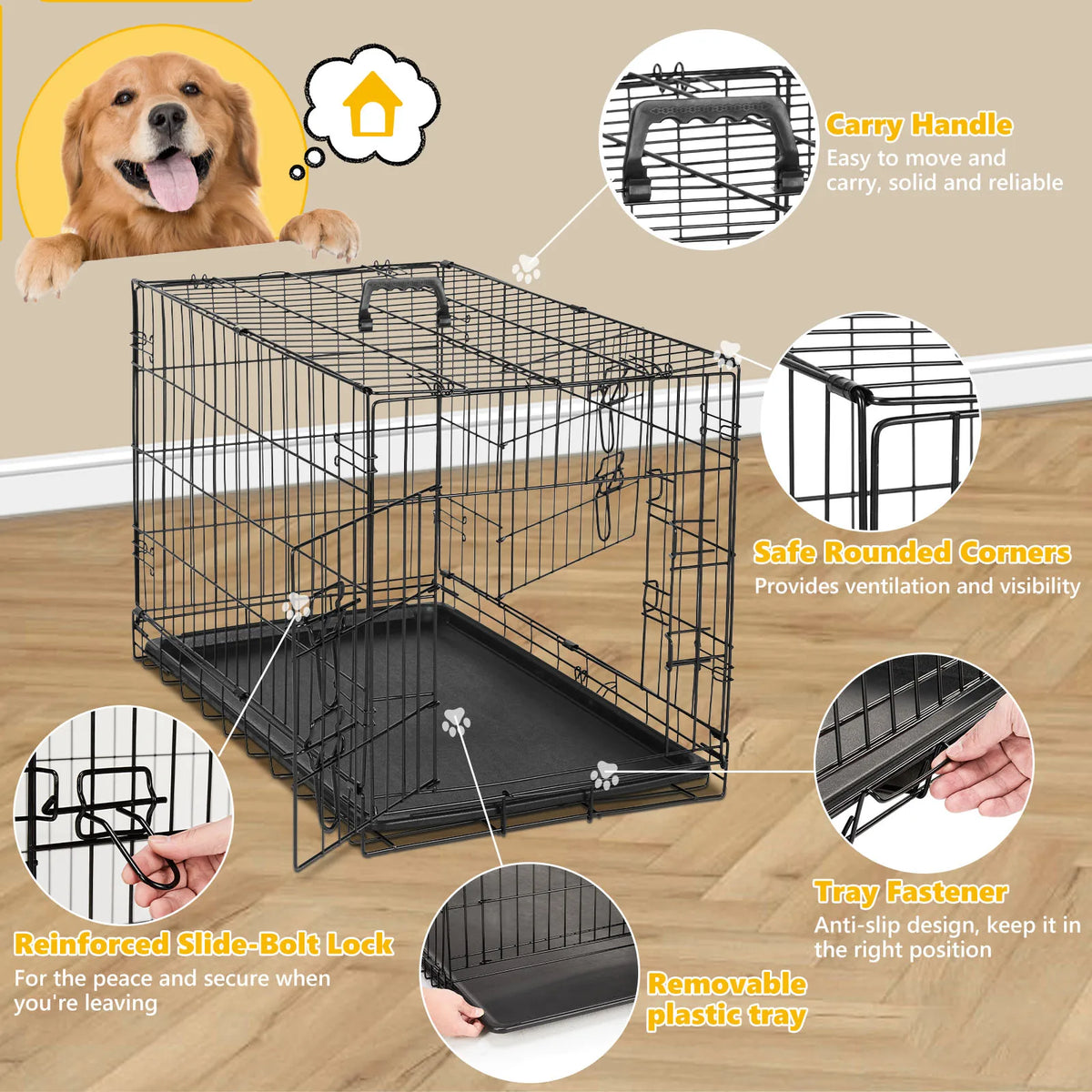 JHK 48 Inch Double Door Folding Metal Wire Dog Cage with Plastic Leak-Proof Pan Tray Extra Large Pet Kennel for Outdoor Travel