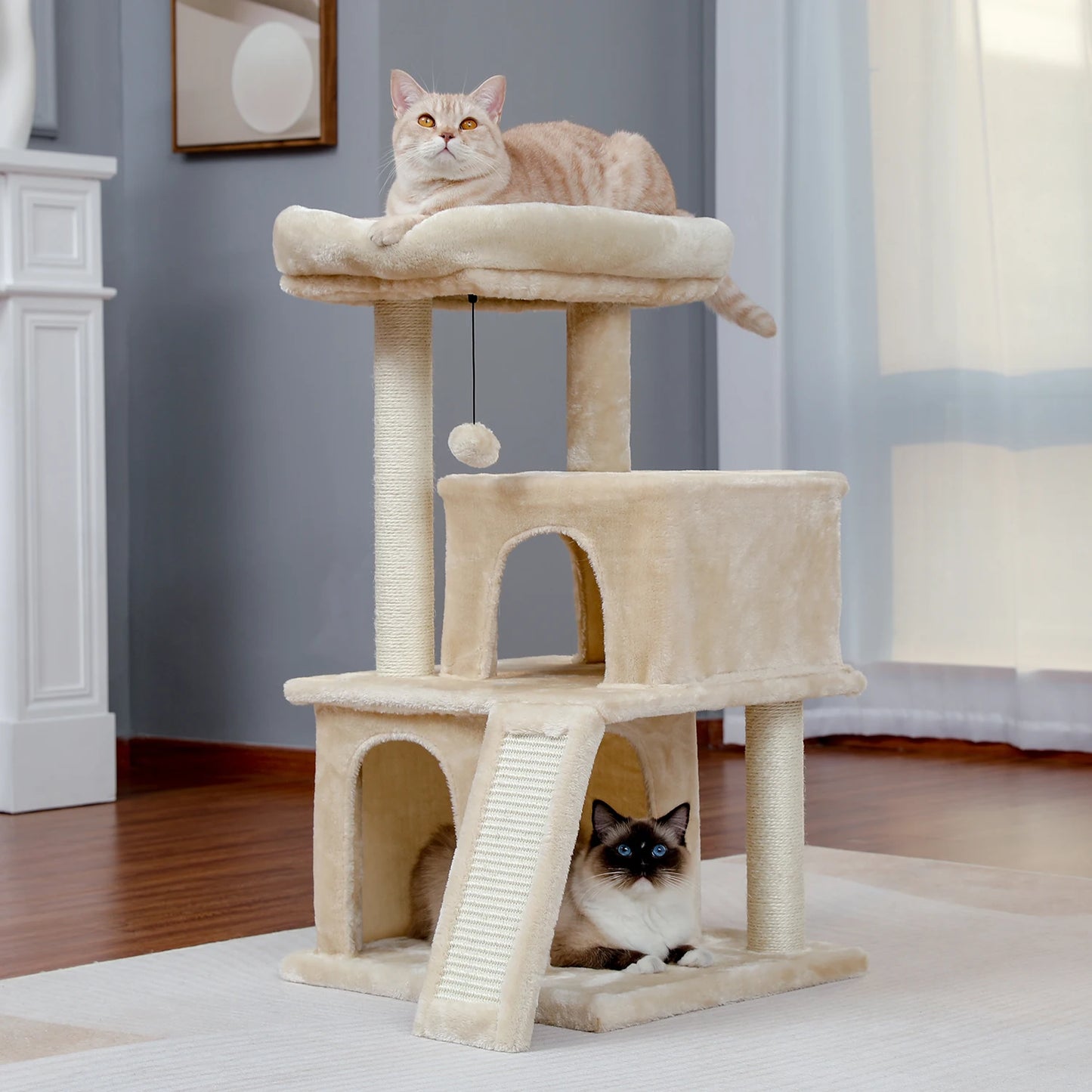 Wooden Cat Tower with Double Condos Spacious Perch Fully Wrapped Scratching Sisal Posts and Replaceable Dangling Balls