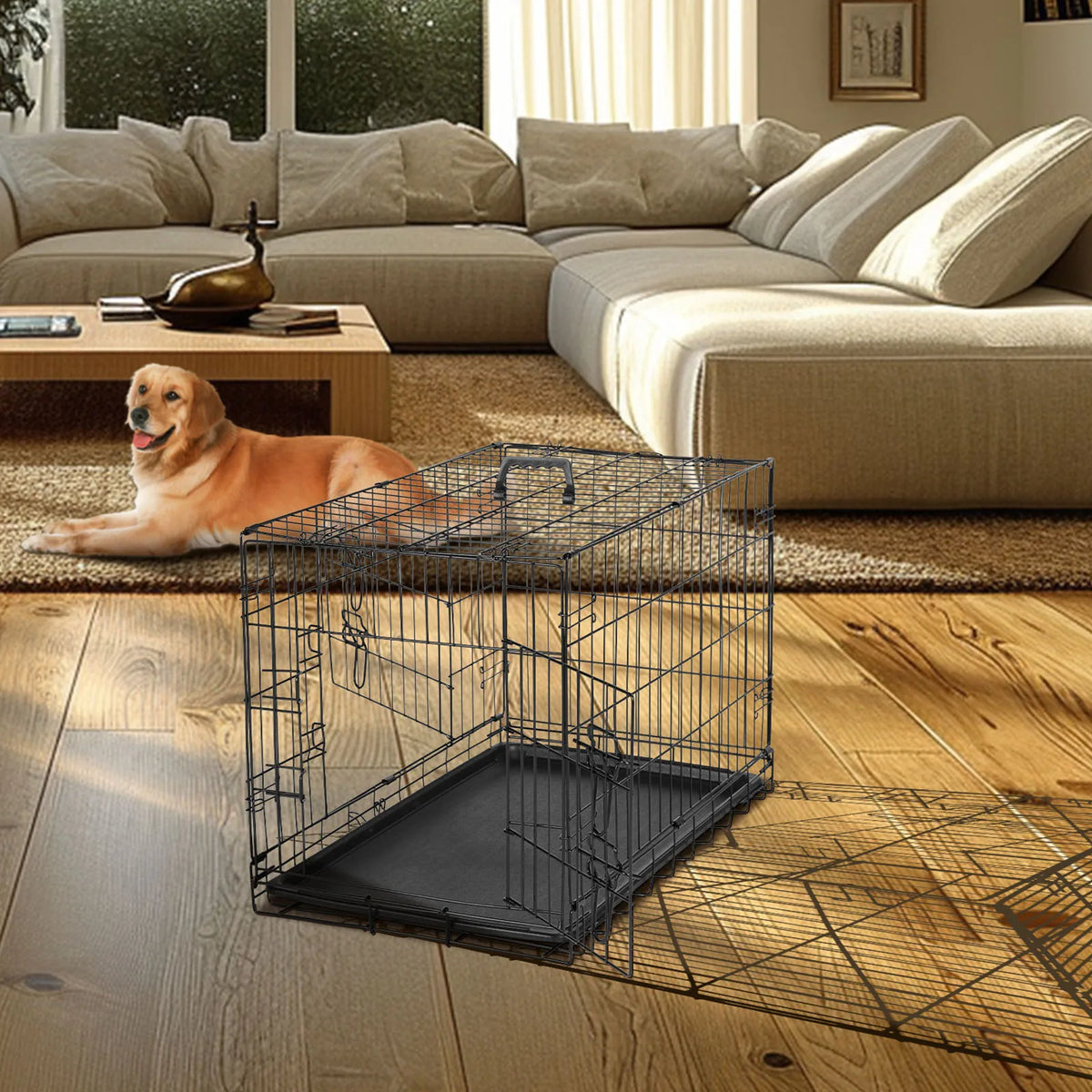 JHK 48 Inch Double Door Folding Metal Wire Dog Cage with Plastic Leak-Proof Pan Tray Extra Large Pet Kennel for Outdoor Travel