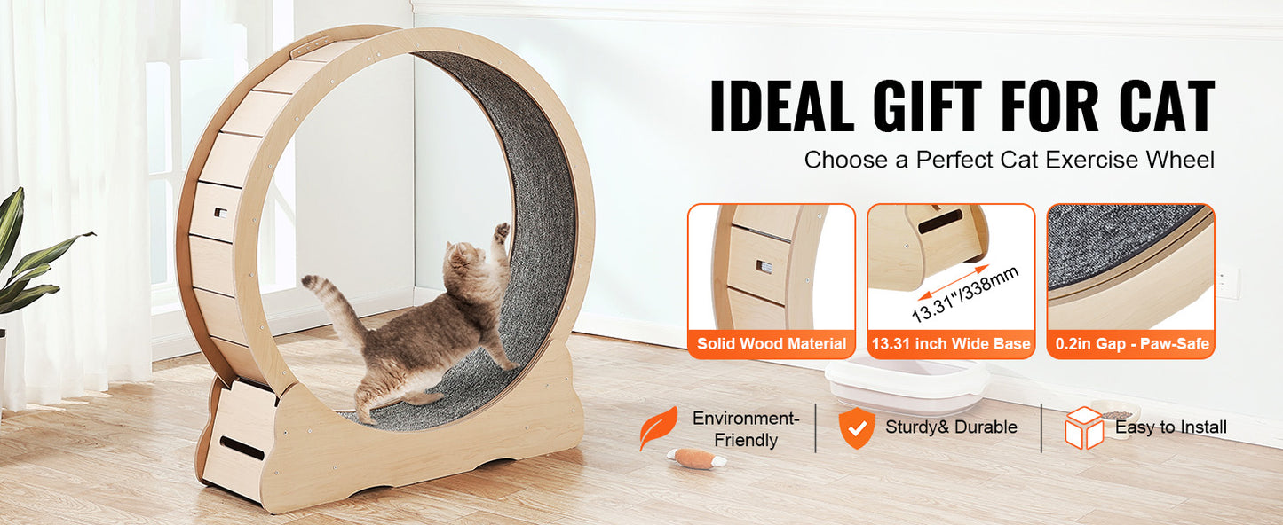 SucceBuy Wooden Cat Exercise Wheel Large Cat Treadmill Wheel for Indoor Cat Running Wheel with Detachable Carpet& Cat Teaser