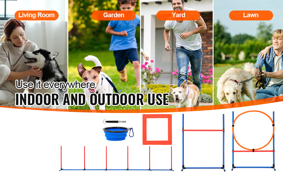 SucceBuy Dog Agility Training Equipment 4 PCS Set with Adjustable High Hurdles 6 Weave PolesJump Ring Square Pause Box Whistle