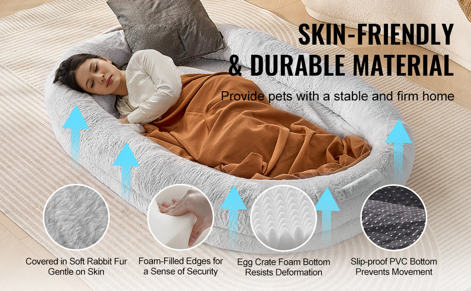 SucceBuy Human Dog Bed Human Dog Bed for Adult Human Size Dog Bed with Washable Faux Rabbit Fur Cover Egg Orthopedic Foam Grey