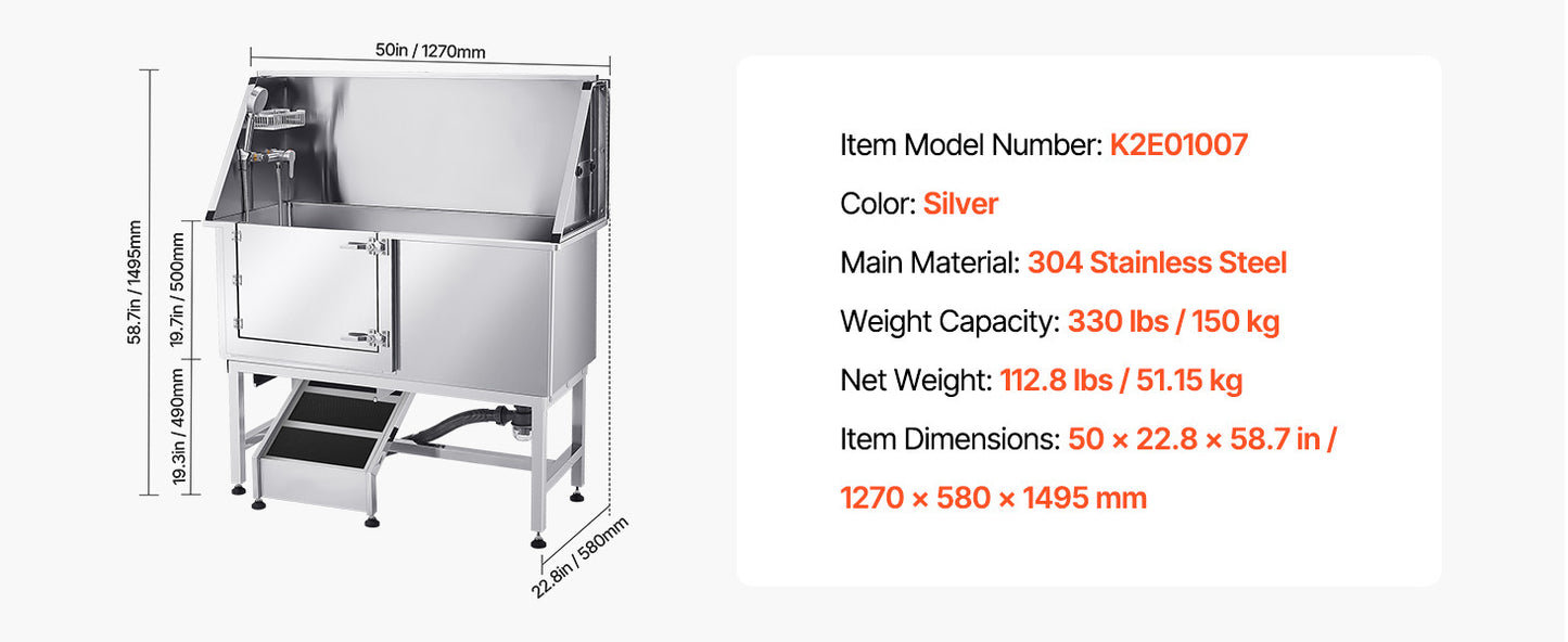 SucceBuy Stainless Steel Station 50 inch Pet Tub w/ PE WaterFaucet & Showerhead & Soap Bathtub to Large & Medium & Small Pets