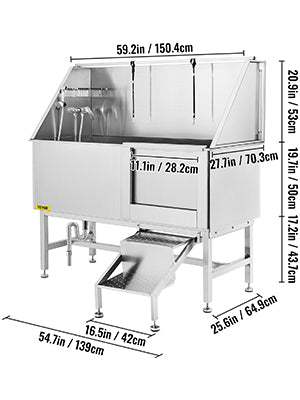 SucceBuy 62In Dog Grooming Tub Professional Stainless Steel Pet Dog Bath Tub With Steps Faucet & Accessories Dog Washing Station