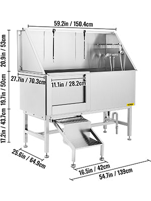 SucceBuy 62In Dog Grooming Tub Professional Stainless Steel Pet Dog Bath Tub With Steps Faucet & Accessories Dog Washing Station