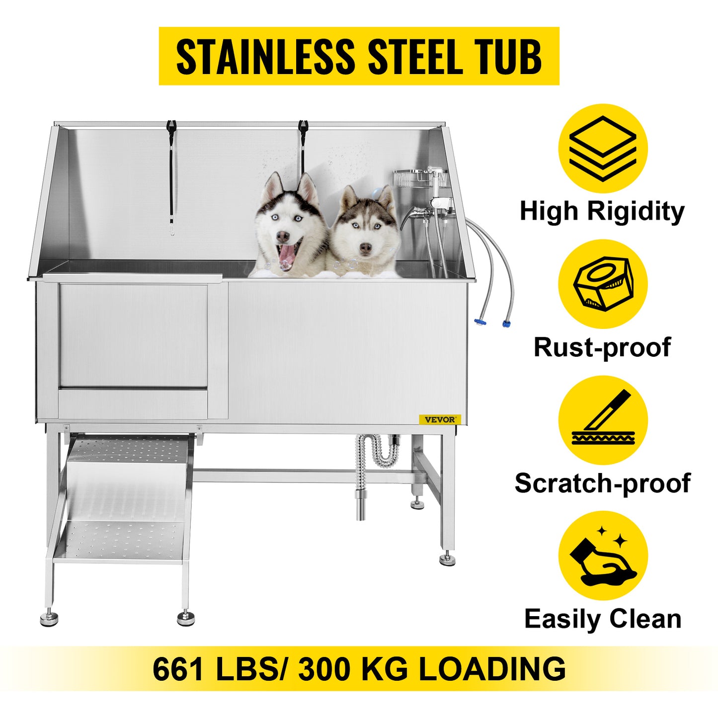 SucceBuy 62In Dog Grooming Tub Professional Stainless Steel Pet Dog Bath Tub With Steps Faucet & Accessories Dog Washing Station