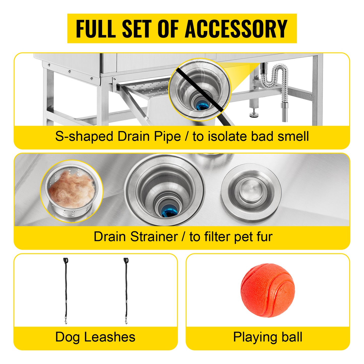 SucceBuy 62In Dog Grooming Tub Professional Stainless Steel Pet Dog Bath Tub With Steps Faucet & Accessories Dog Washing Station