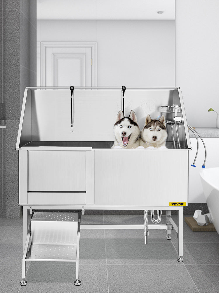 SucceBuy 62In Dog Grooming Tub Professional Stainless Steel Pet Dog Bath Tub With Steps Faucet & Accessories Dog Washing Station