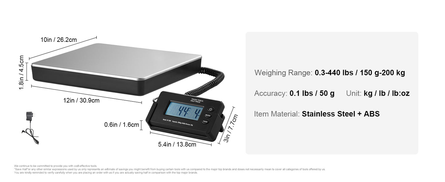 SucceBuy 440lbs Digital Shipping Scale with Timer Tare Function HD LCD Screen Portable Package Postal Scale for Home Post Office