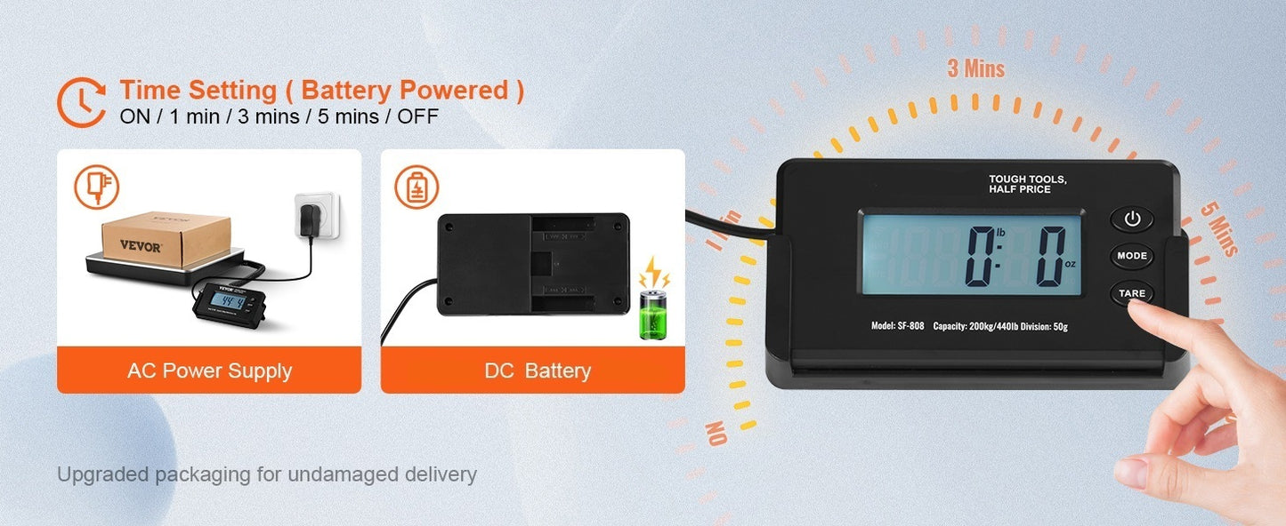 SucceBuy 440lbs Digital Shipping Scale with Timer Tare Function HD LCD Screen Portable Package Postal Scale for Home Post Office